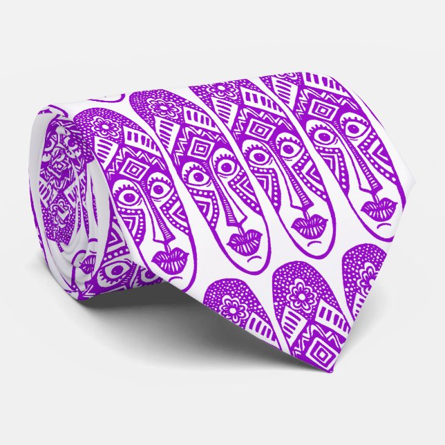 Gravata Máscaras de Tiki Surpresas - Roxo em Branco (Rolled)