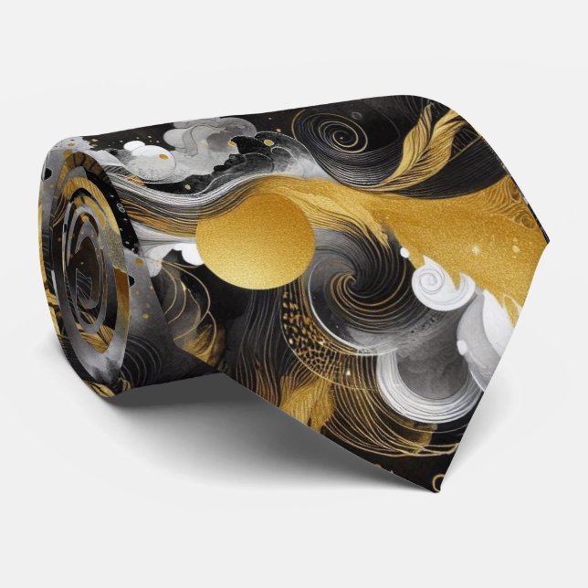 Gravata masculina abstrata moderna preta dourada (Rolled)
