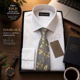 Gravata masculina floral preta e dourada de luxo –