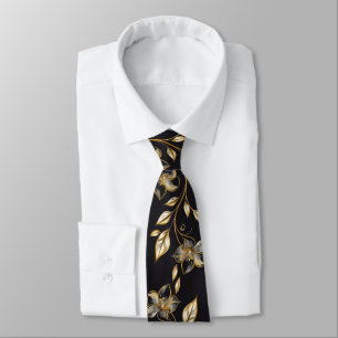Gravata masculina floral preta e dourada de luxo –