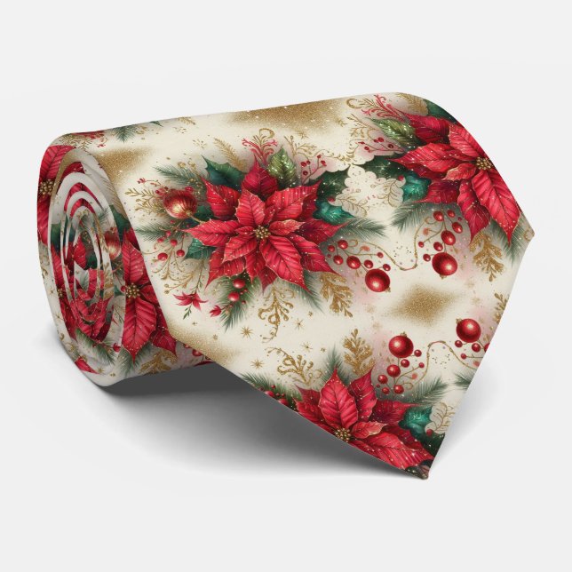 Gravata masculina Poinsettia Vermelha de Natal com (Rolled)