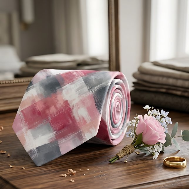Gravata masculina xadrez abstrata rosa e cinza (Criador carregado)