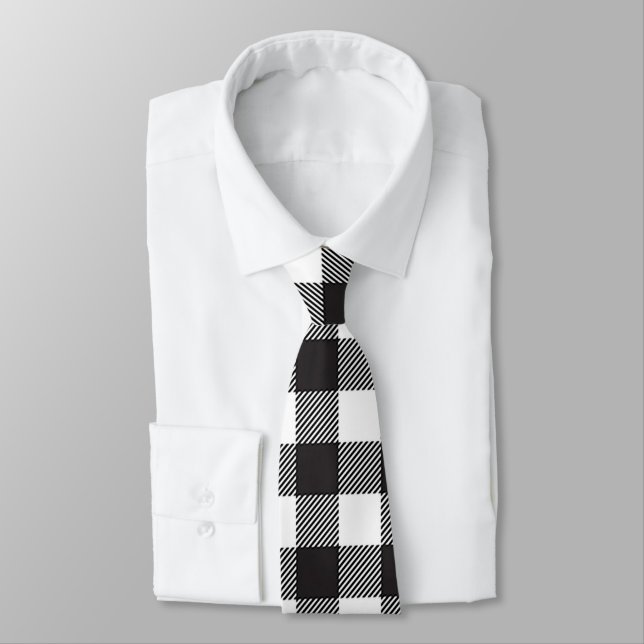 Gravata masculina xadrez búfalo preta e branca (Amarrado)