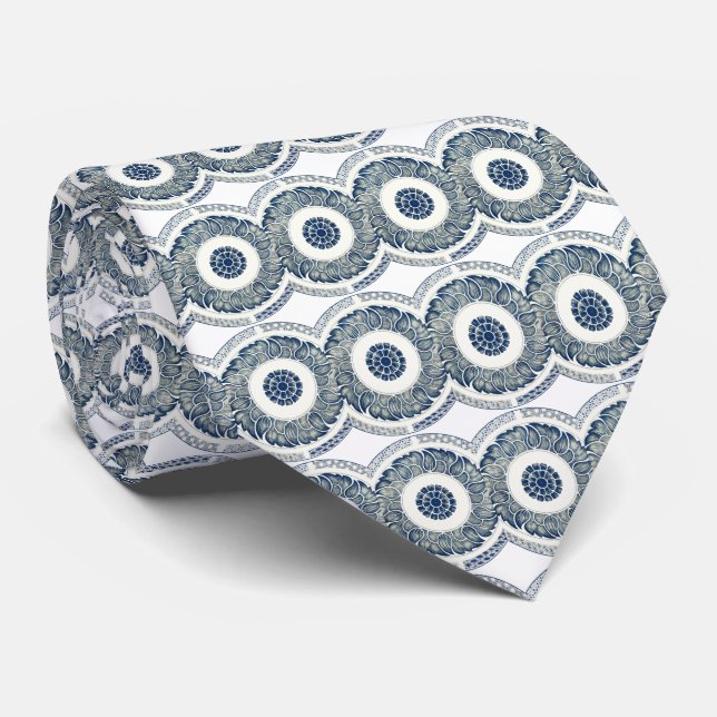 Gravata Medalhão Chinês: Chinoiserie Azul Índigo (Rolled)