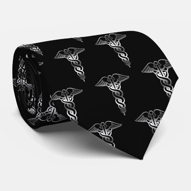 Gravata Medicina de Caduceus Silver Elegante Clássico Simp (Rolled)