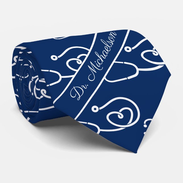 Gravata Médico Stethoscope Padrão Médico Azul (Rolled)