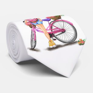 Gravata Menina Loura-Gira com Bicicleta Rosa e Gato nas Fl