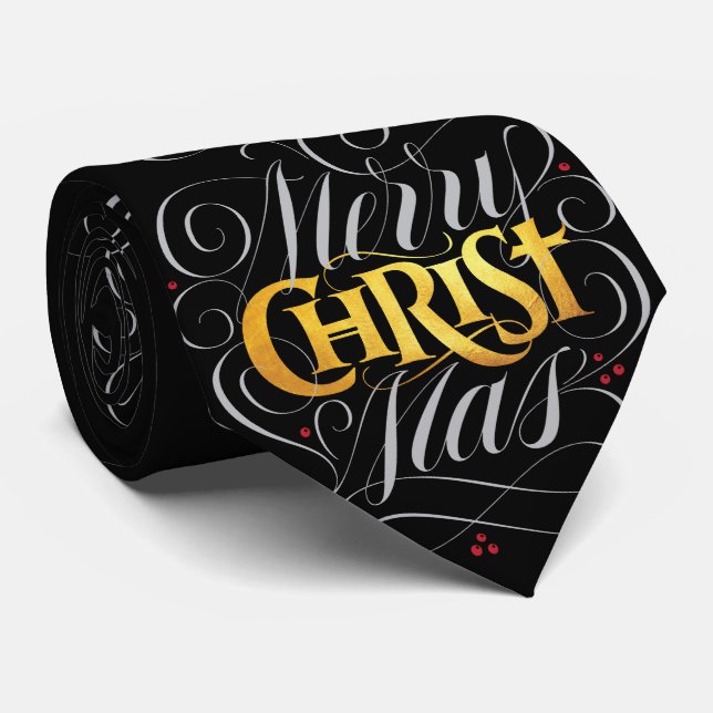 Gravata Merry CHRISTmas, Dourado Cristo de Script Cristão  (Rolled)