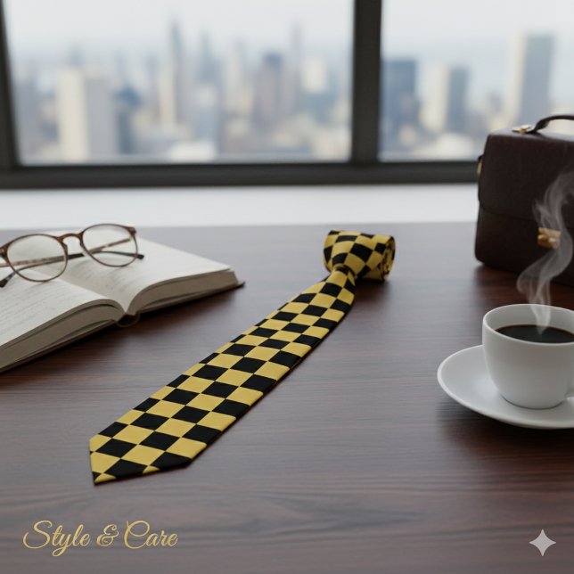 Gravata Metálico Dourado com Coletor de Pescoço Preto Quad (Metallic Gold with Black Square Pattern Neck Tie)