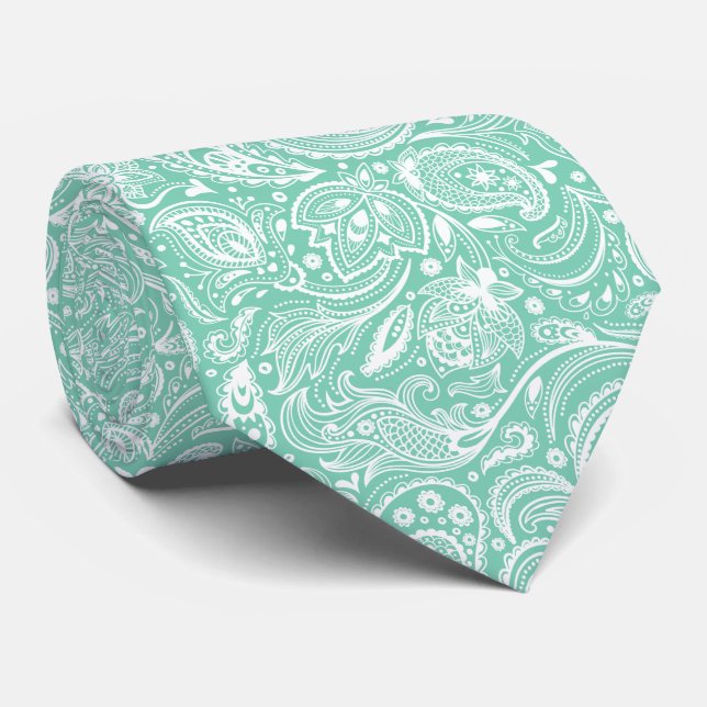 Gravata Minte e White Floral Paisley Pattern (Rolled)