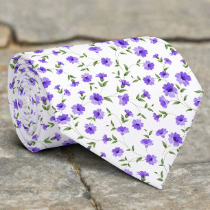 Gravata Minúsculas Flores Roxas E Folhas Em Fundo Branco