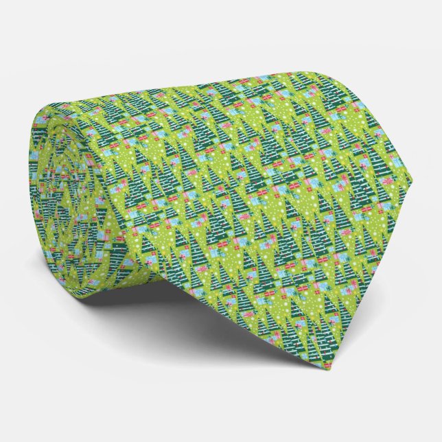 Gravata Moderna com Árvore de Natal | Verde Festiv (Rolled)