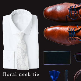 Gravata Moderna Flor de Rosa Cinza e Branco