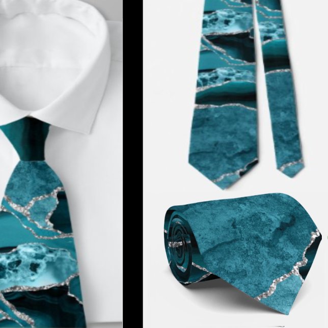 Gravata Moderno Abstrato Ágata Azul Teal Formal Prata (Criador carregado)