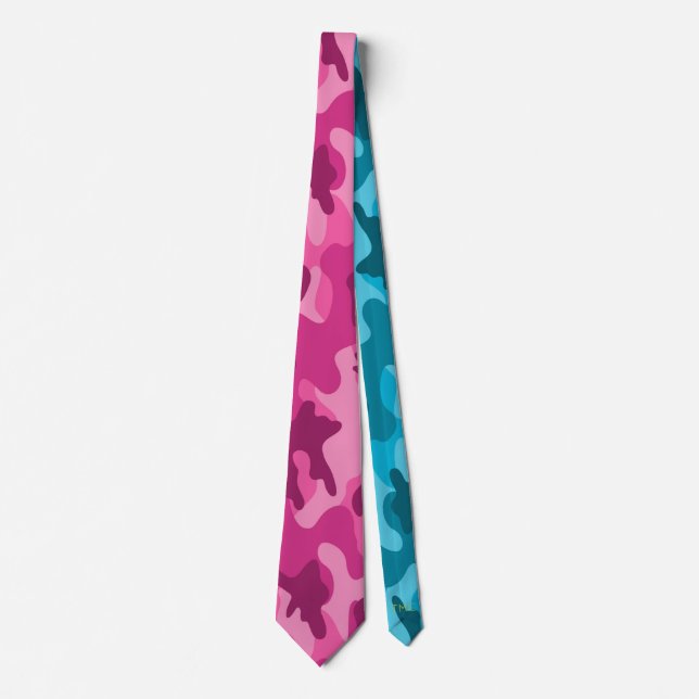Gravata Moderno Camuflado Rosa Azul Brilhante, Monogramas  (Frente)
