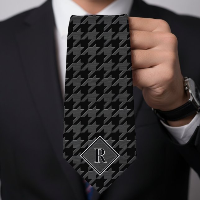 Gravata Monogram Houndstooth Pattern Black & Grey Wood (Monogram Houndstooth Pattern Black & Grey Wood Neck Tie
)