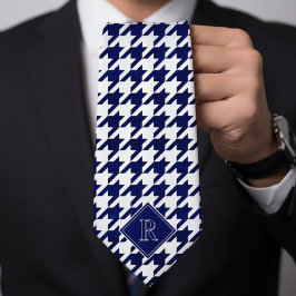 Gravata Monogram Houndstooth Pattern White & Blue Wood