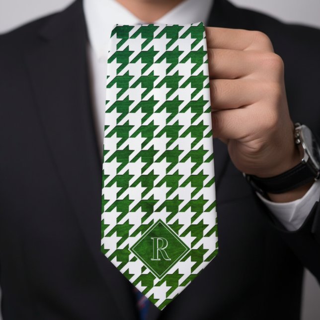 Gravata Monogram Houndstooth Pattern White & Green Wood (Monogram Houndstooth Pattern White & Green Wood Neck Tie
)