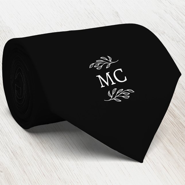 Gravata Monogram Initial Crest Botanical Leaf Black (Simple botanical leaf monogram initials personalized crest neck tie)
