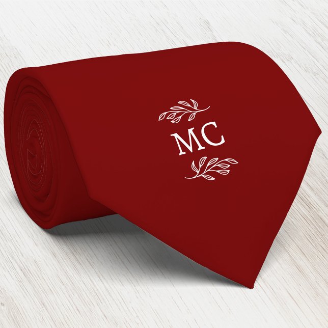 Gravata Monogram Initial Crest Botanical Leaf Burgundy Red (Simple botanical leaf monogram initials personalized crest neck tie)