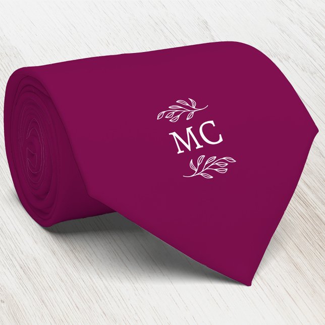 Gravata Monogram Initial Crest Botanical Leaf Cherry Pink (Simple botanical leaf monogram initials personalized crest neck tie)