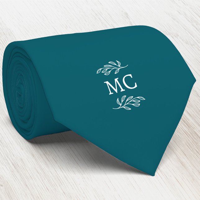 Gravata Monogram Initial Crest Botanical Leaf Teal Green (Simple botanical leaf monogram initials personalized crest neck tie)