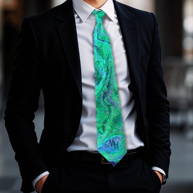Gravata Monograma Azul Aqua Verde Único (Unique Aqua Green Blue Monogram Neck Tie)