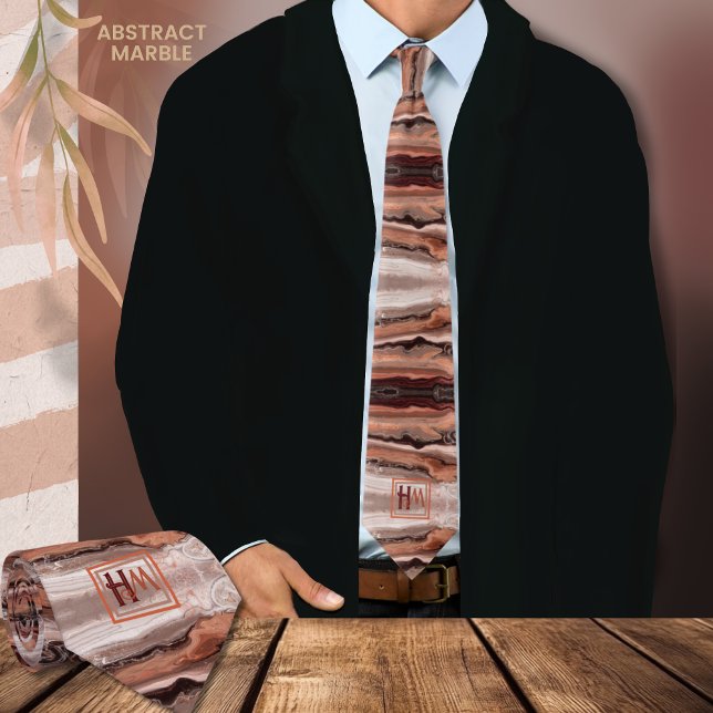 Gravata Monograma castanho-rosa-rosa-Abstrato moderno (Modern Abstract Marble Pink Beige Brown Monogram Neck Tie)