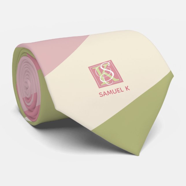 Gravata Monograma da Paleta de Cor Verde do Cream Rosa (Rolled)