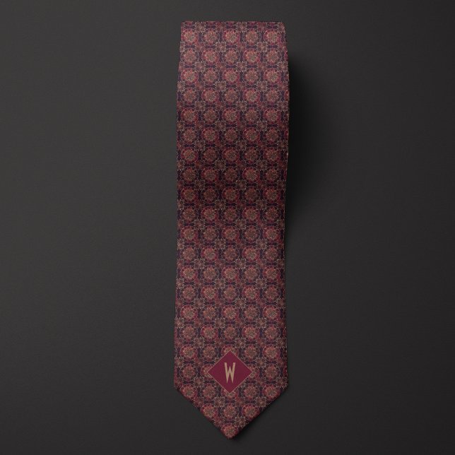 Gravata Monograma de Mandala Burgundy e Dourado Elegante (Criador carregado)