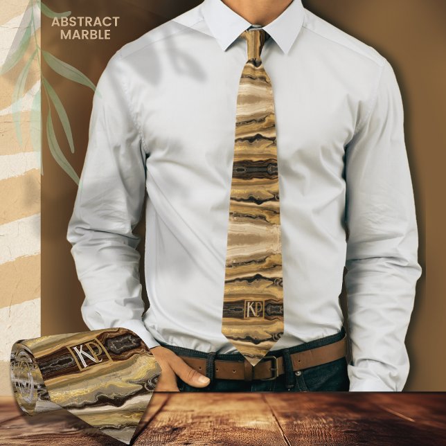 Gravata Monograma de Mármore Dourado bege Abstrato moderno (Modern Abstract Brown Gold Beige Marble Monogram Neck Tie , white shirt)