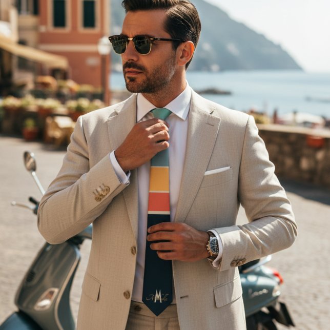 Gravata Monograma de padrão de listras rosa navy Mod retrô (Criador carregado)