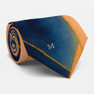 Gravata Monograma de Padrão Geométrico Laranja Dourado Azu