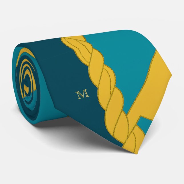 Gravata Monograma Elegante de Braid Dourado Teal Moderno M (Rolled)