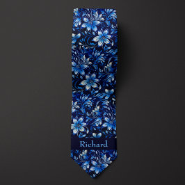 Gravata Monograma Floral Azul Cobalto