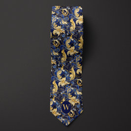 Gravata Monograma Floral Azul e Dourado