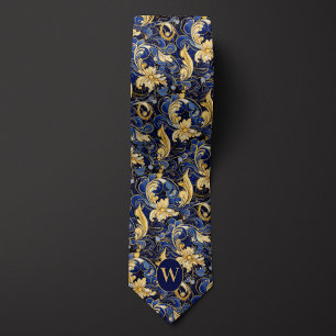 Gravata Monograma Floral Azul e Dourado