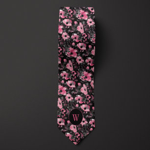 Gravata Monograma Floral de Cor Rosa e Negra