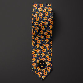 Gravata Monograma Floral de Pêssego e Aquarela Preta