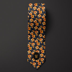 Gravata Monograma Floral de Pêssego e Aquarela Preta