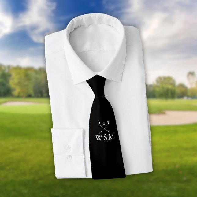 Gravata Monograma Personalizado, Pistas de Golfe Pretos E  (Personalized Monogram Black And White Golf Clubs Neck Tie)