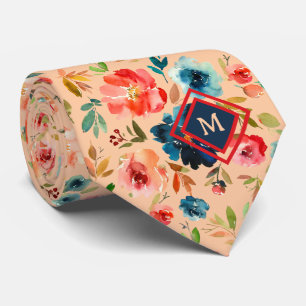 Gravata Monograma Rosas Azul Água-marinha Pêssego