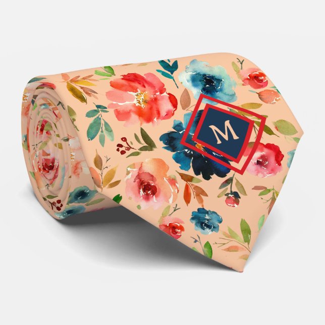 Gravata Monograma Rosas Azul Água-marinha Pêssego (Rolled)