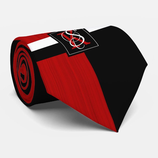 Gravata Monograma Simples de Iniciais Preto e Vermelho de  (Rolled)