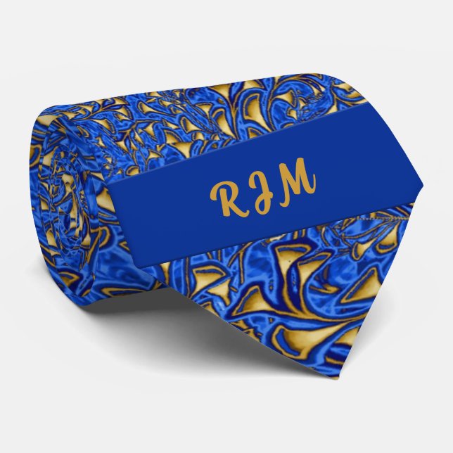 Gravata Monogramas Royal Blue e Dourado Paisley (Rolled)