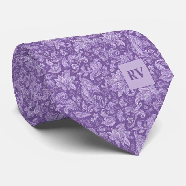 Gravata Monogrammed Purple Baroque Leaf Scroll Pattern (Rolled)