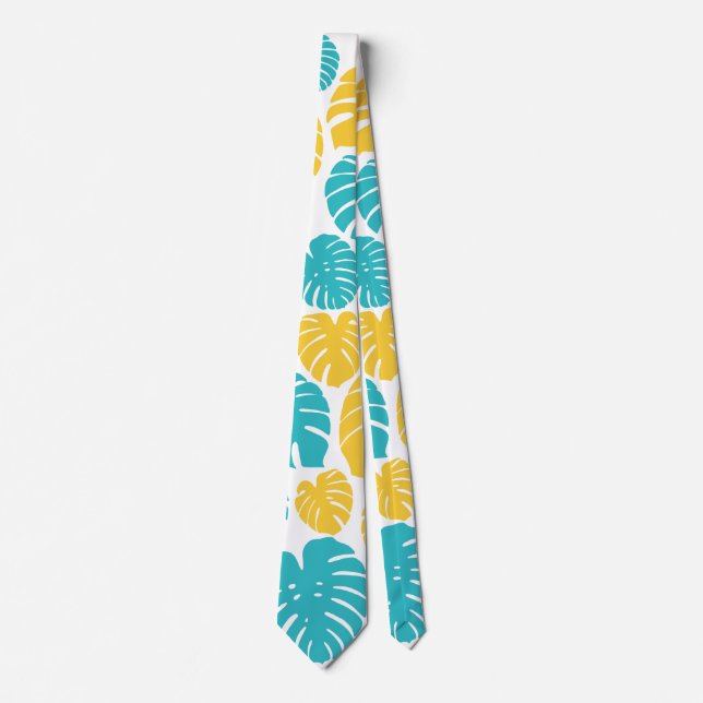 Gravata Monstera deixa em turquesa, amarelo e branco (Frente)