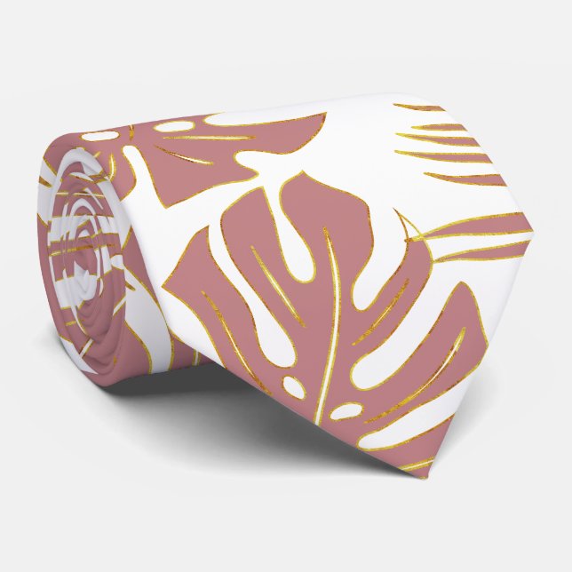 Gravata Monstera tropical rosa com poeira e folhas de palm (Rolled)