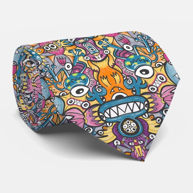 Gravata Monstros loucos e robôs em um padrão lotado (Rolled)