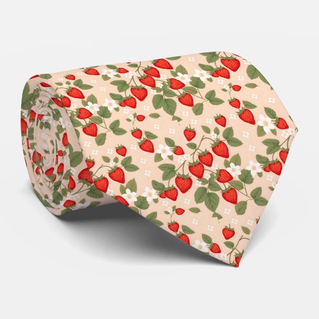 Gravata Morangos Com Folhas Verdes E Flores Brancas (Rolled)